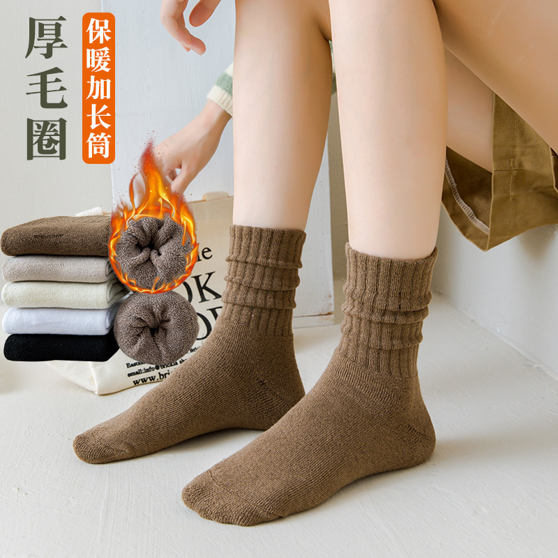 秋冬保暖袜子女加厚毛巾底中筒袜高橡筋罗口毛圈袜冬天加绒地板袜