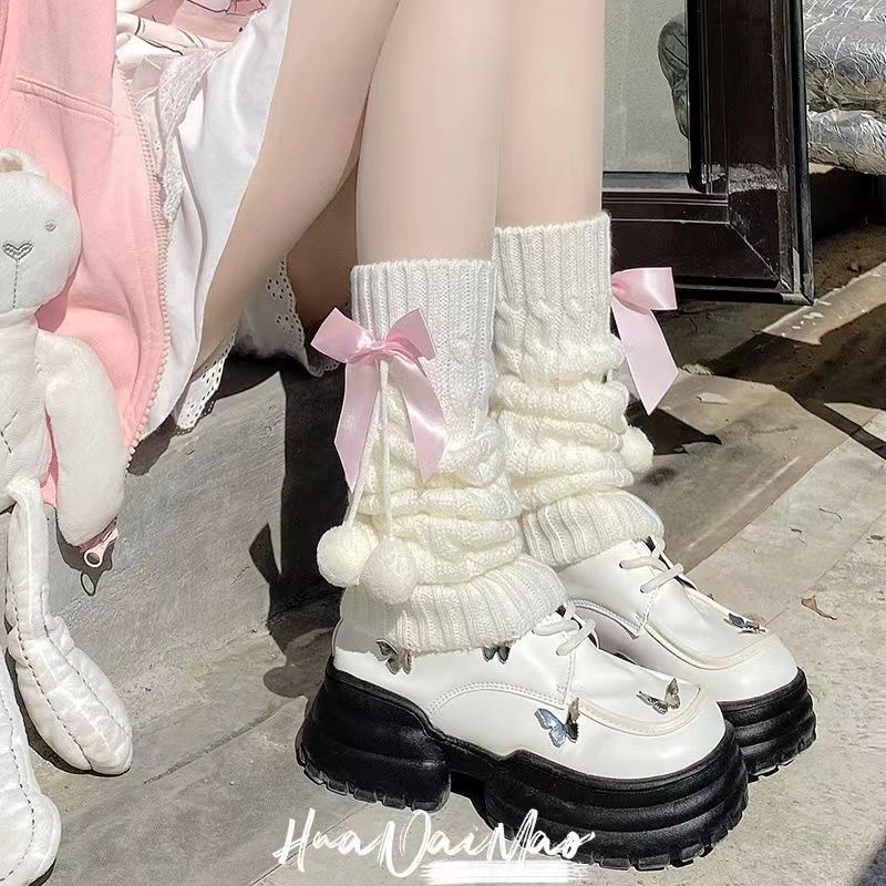 袜套女日系秋冬jk袜纯色加厚保暖Lolita粉蝴蝶结百搭显瘦堆堆袜