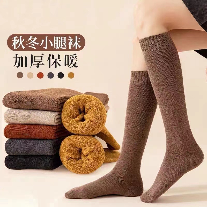毛圈小腿袜子女秋冬季加绒加厚保暖长筒袜冬天美腿过膝毛圈袜护套