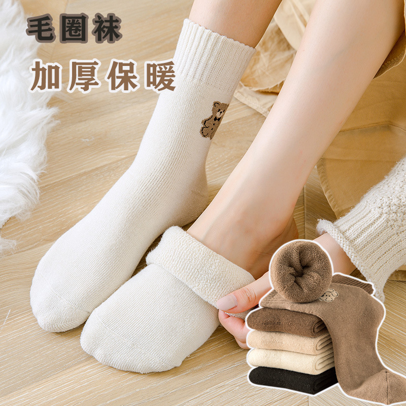 袜子女秋冬加厚保暖小熊毛圈袜加绒毛巾袜日系女士地板袜中筒棉袜