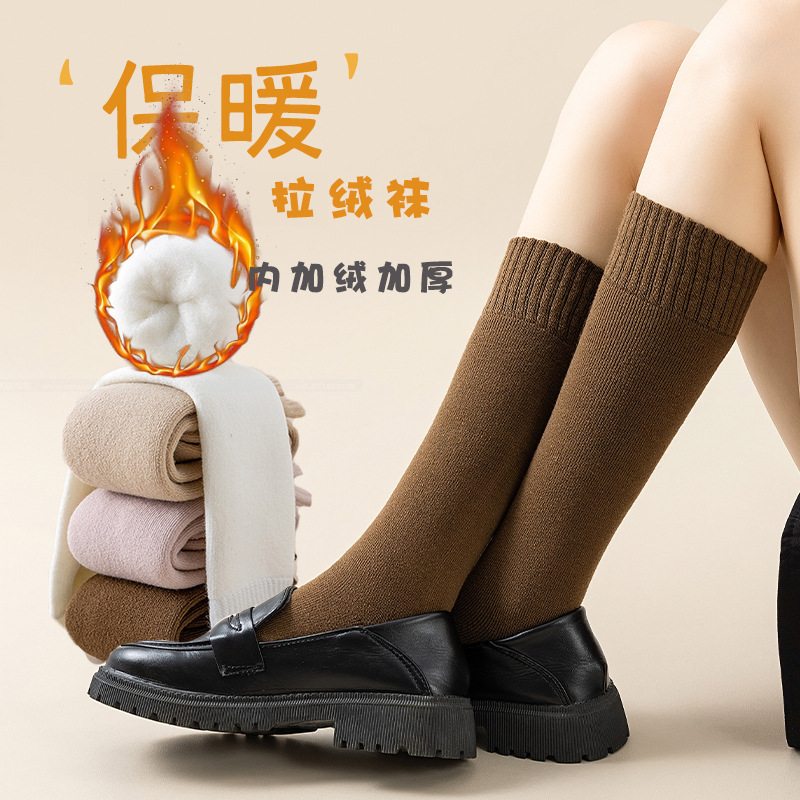 新款袜子女秋冬加绒加厚保暖小腿袜抗寒拉绒袜女士长筒毛圈袜批发