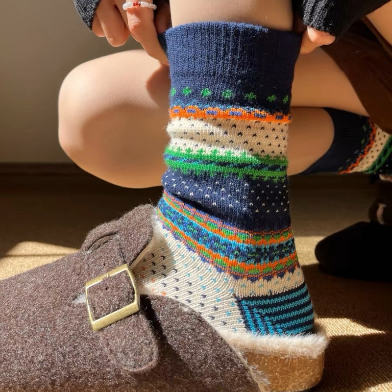 美式轻奢复古民族风粗线咔叽街头风费尔岛情侣ins中筒堆堆袜子女